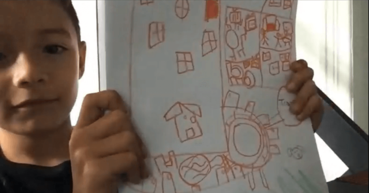 Screenshot of a child holding up a drawing, parenting video call | Family and Parenting Services